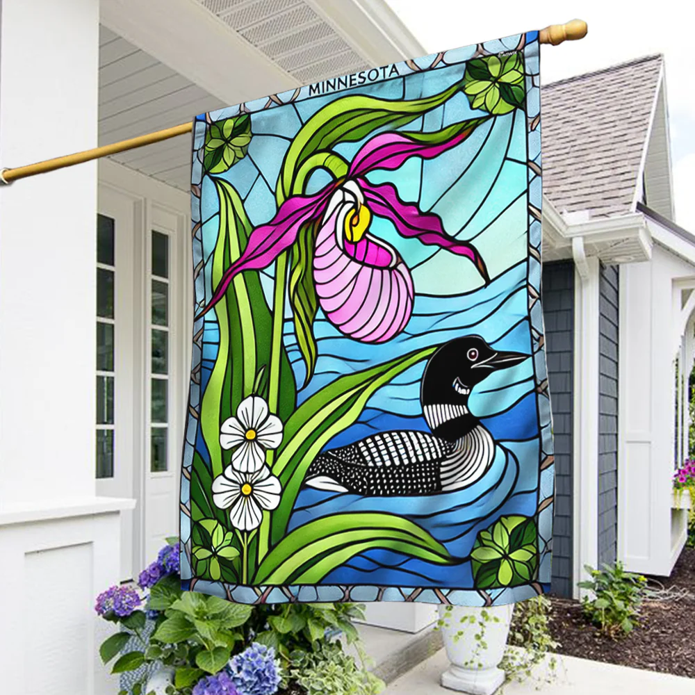 Minnesota State Lady's Slipper Flower and Loon Flag