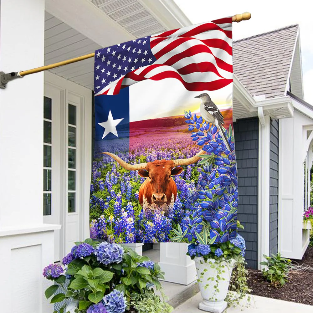Texas  Bluebonnets With Longhorn and Mockingbird Texas Flag