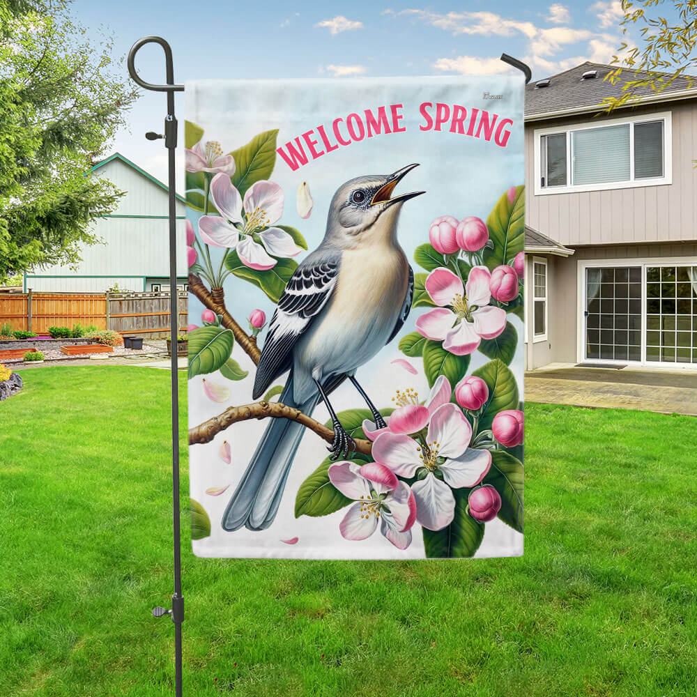 Bimipi Arkansas Welcome Spring Northern Mockingbird and Apple Blossoms Flag