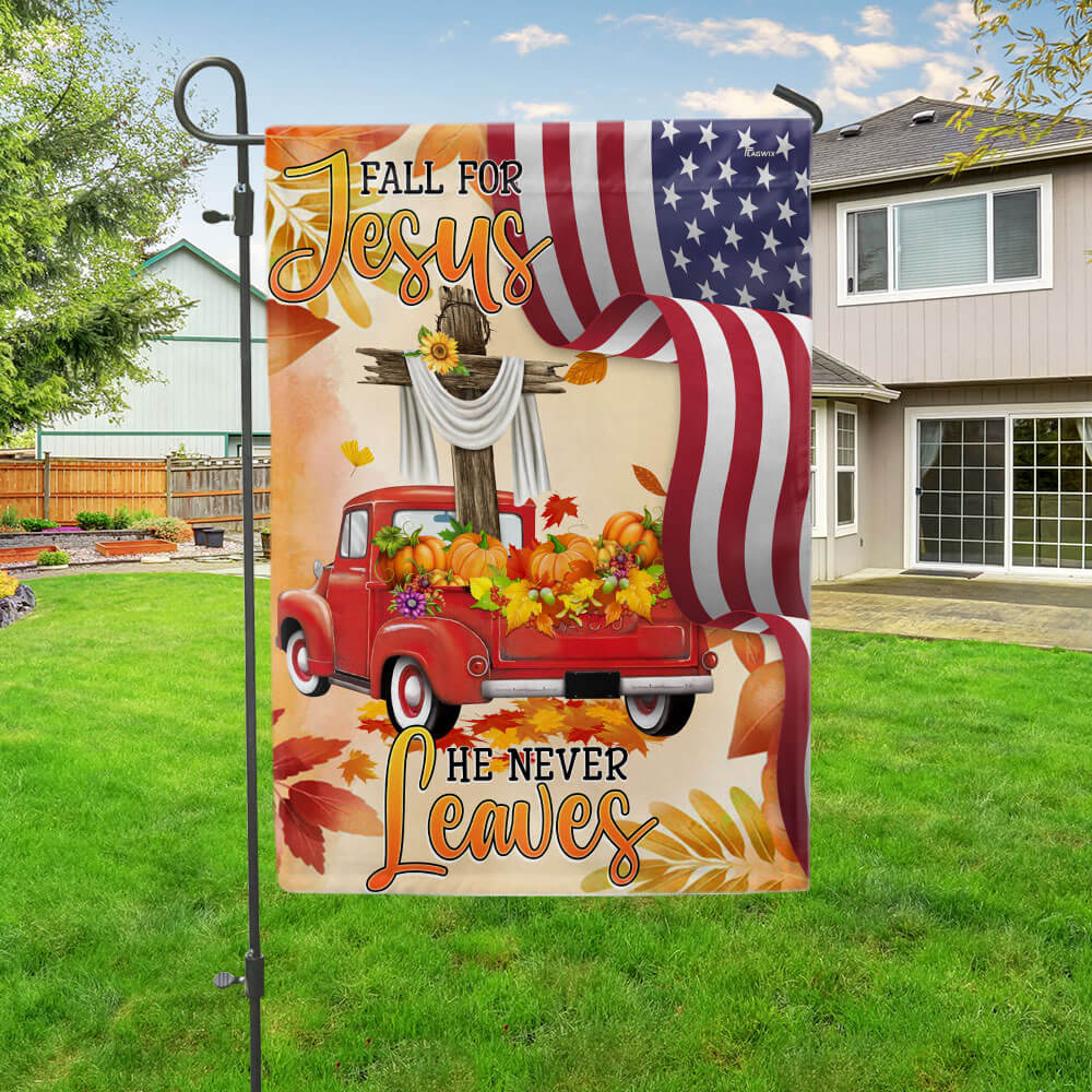 Christian Cross Truck Pumpkins Harvest Thanksgiving Flag, Fall For Jesus He Never Leaves American Flag