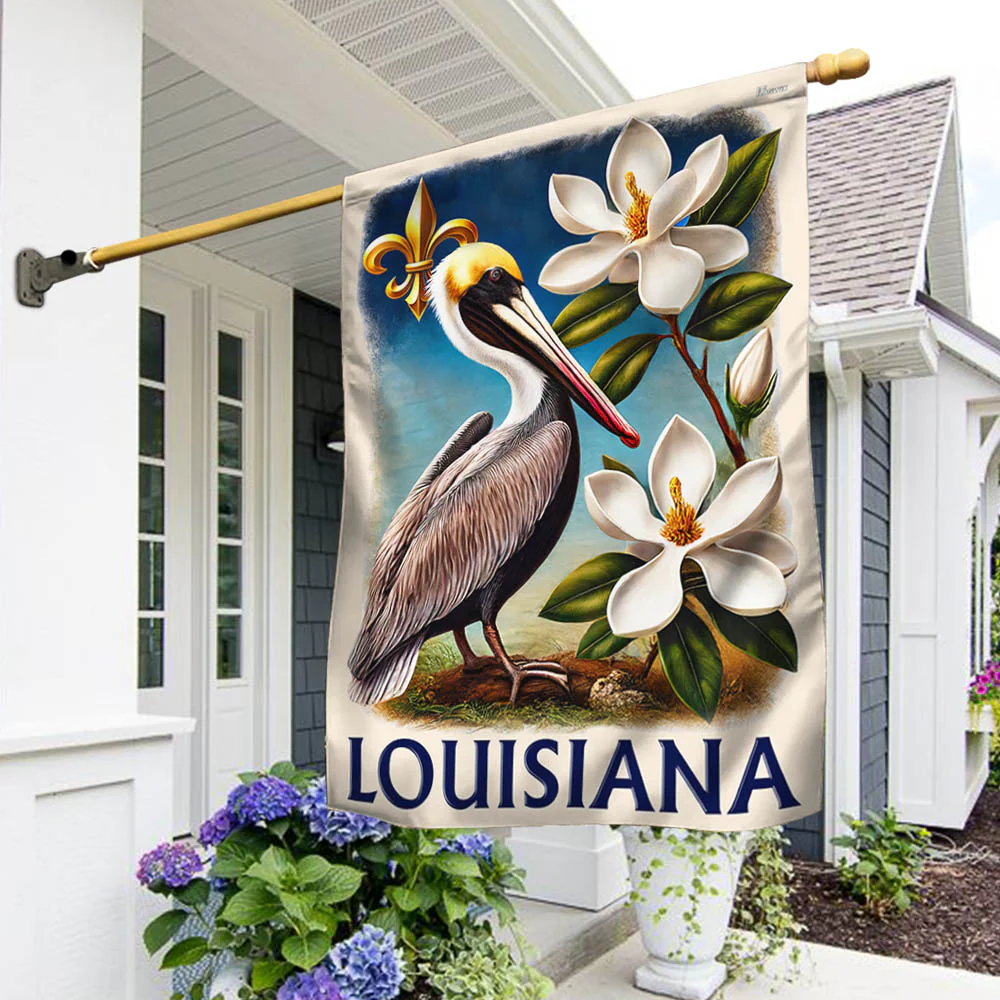 Louisiana Brown Pelican Bird and Magnolia Flower Flag