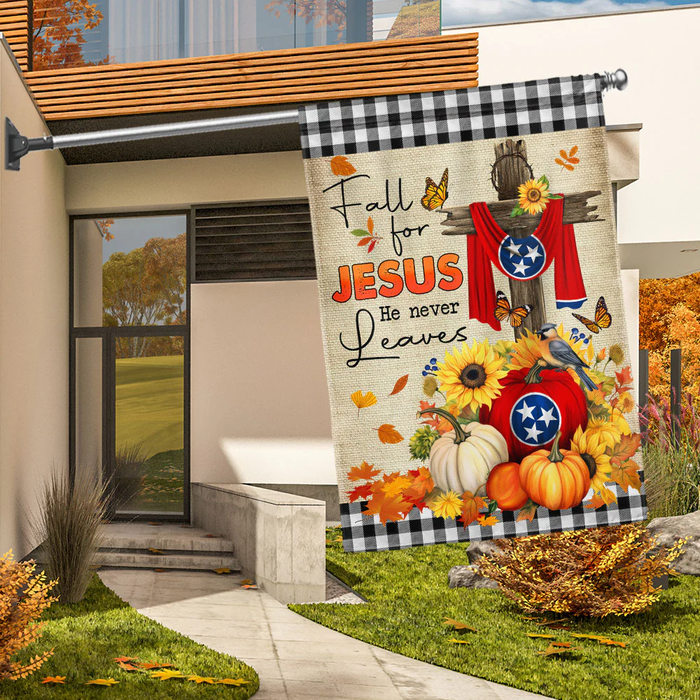 Tennessee State Fall Pumpkins Flag Fall For Jesus He Never Leaves Halloween Flag MLN1780Fv1