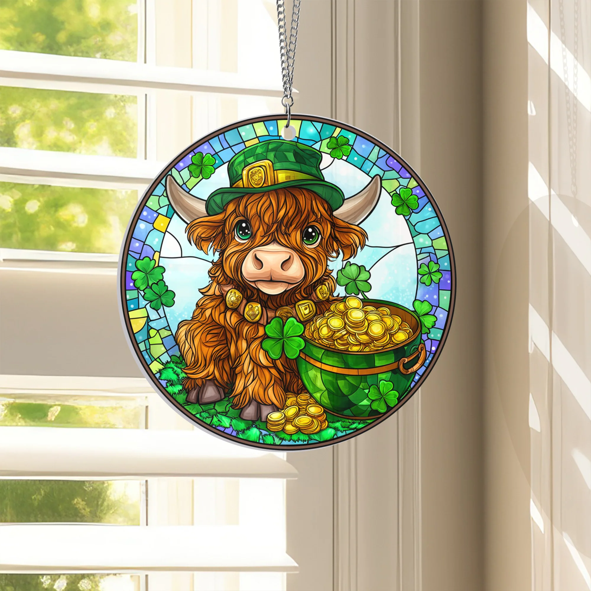 Irish Highland Cow St. Patrick’s Day Acrylic Suncatcher Hanging