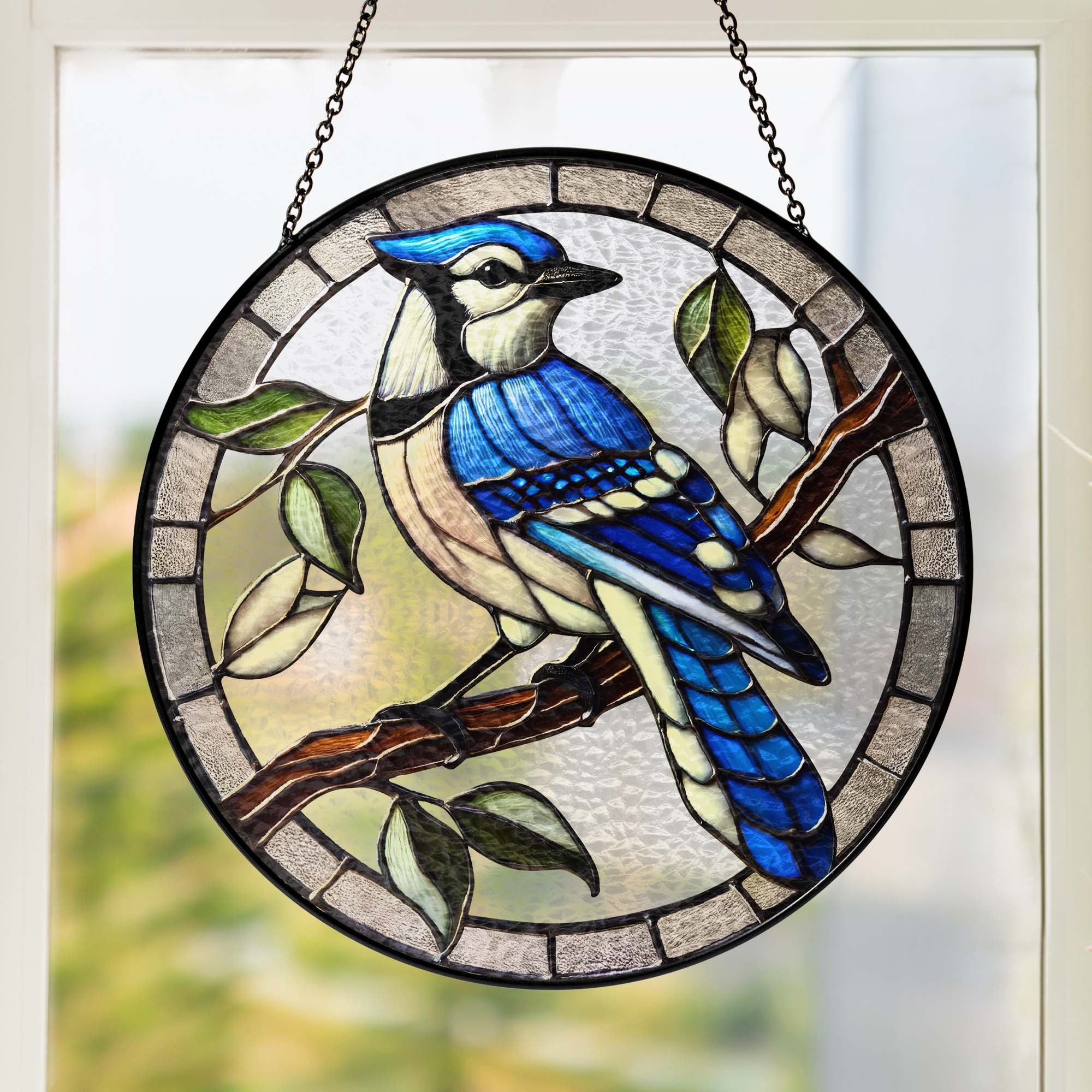 Blue Jay Birdwatching Stained Glass Suncatcher