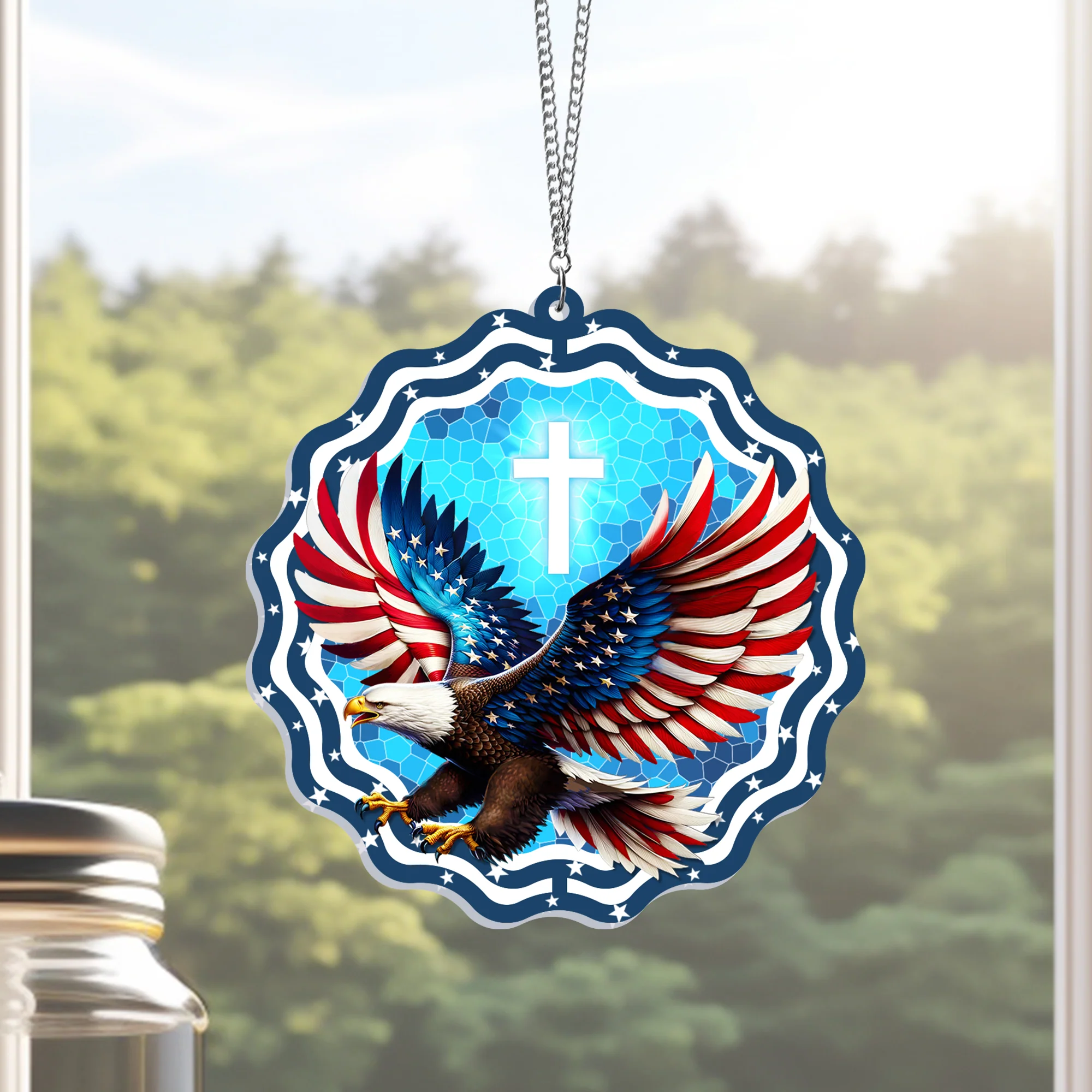 God Bless America Eagle Suncatcher - Patriotic Acrylic Hanging Gift for Home Decor