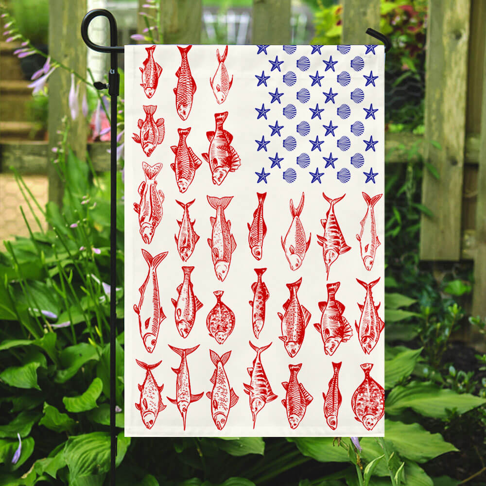 Fish & Sea Shells American Flag – Nautical Independence Day Decor 3-Day Shipping