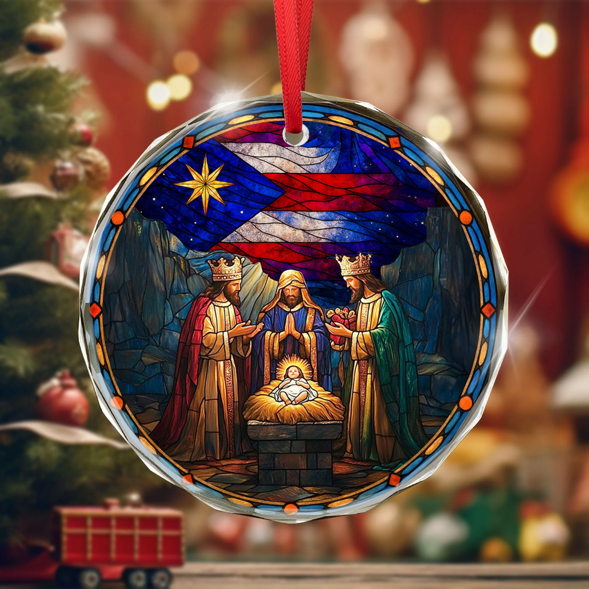 Christmas Ornament, We Three Kings Ornament Puerto Rican Flag Nativity Scene Christmas Decor