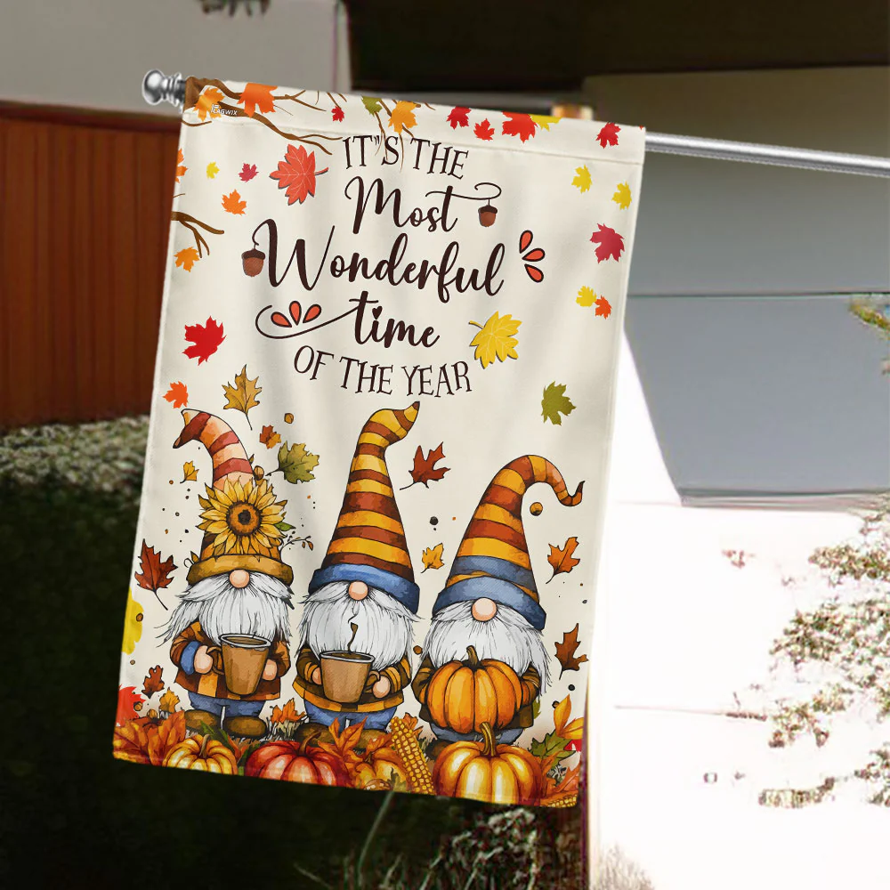 Gnome Fall Flag - Pumpkin Maple Leaves Autumn Canvas Flag For House Yard Lawn Outdoor Decor