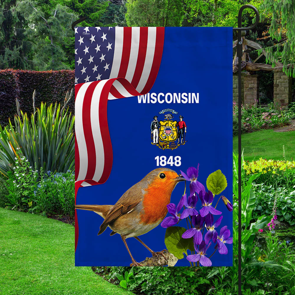 Wisconsin State Flower Wood Violet Flower and Robin Bird Flag MLN1141Fv47