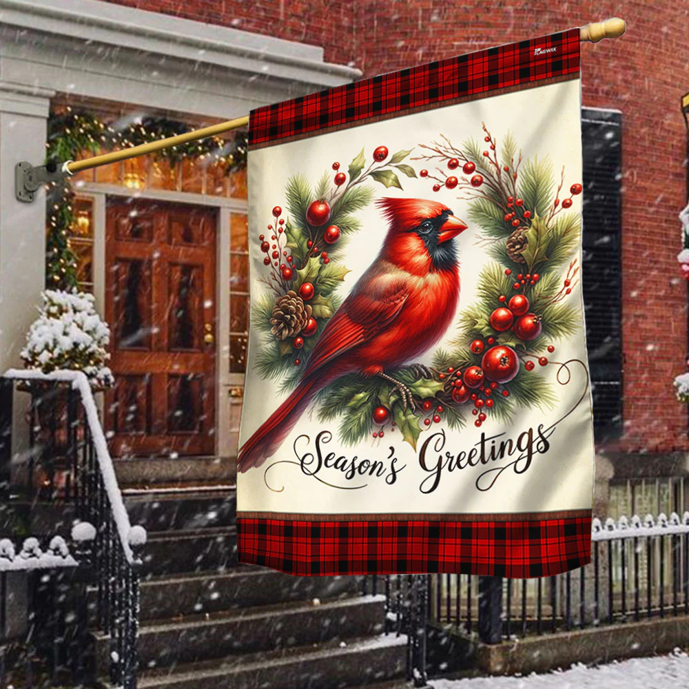 Cardinal Christmas Wreath Flag