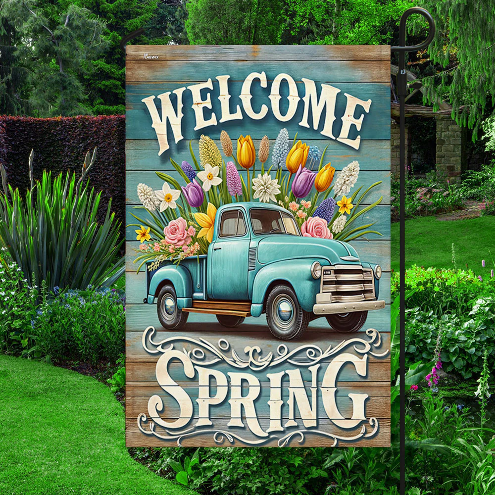 Spring Decorative Welcome Spring Truck Flower Flag for Outdoor Home Decor