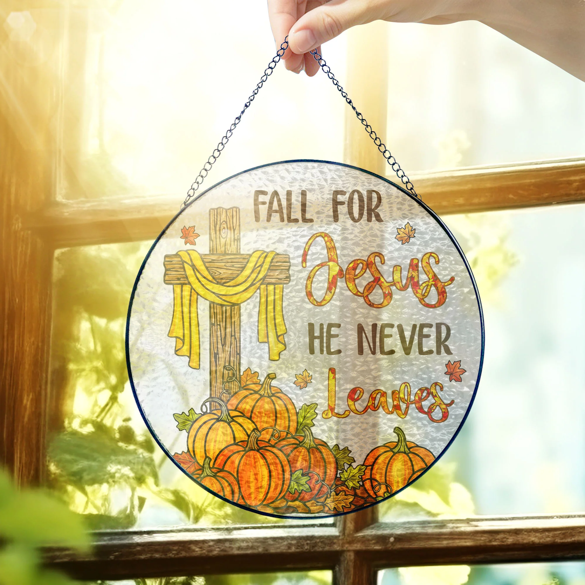 Jesus Cross Fall for Jesus He Never Leaves Thanksgiving Stained Glass Suncatcher 3-Day Shipping