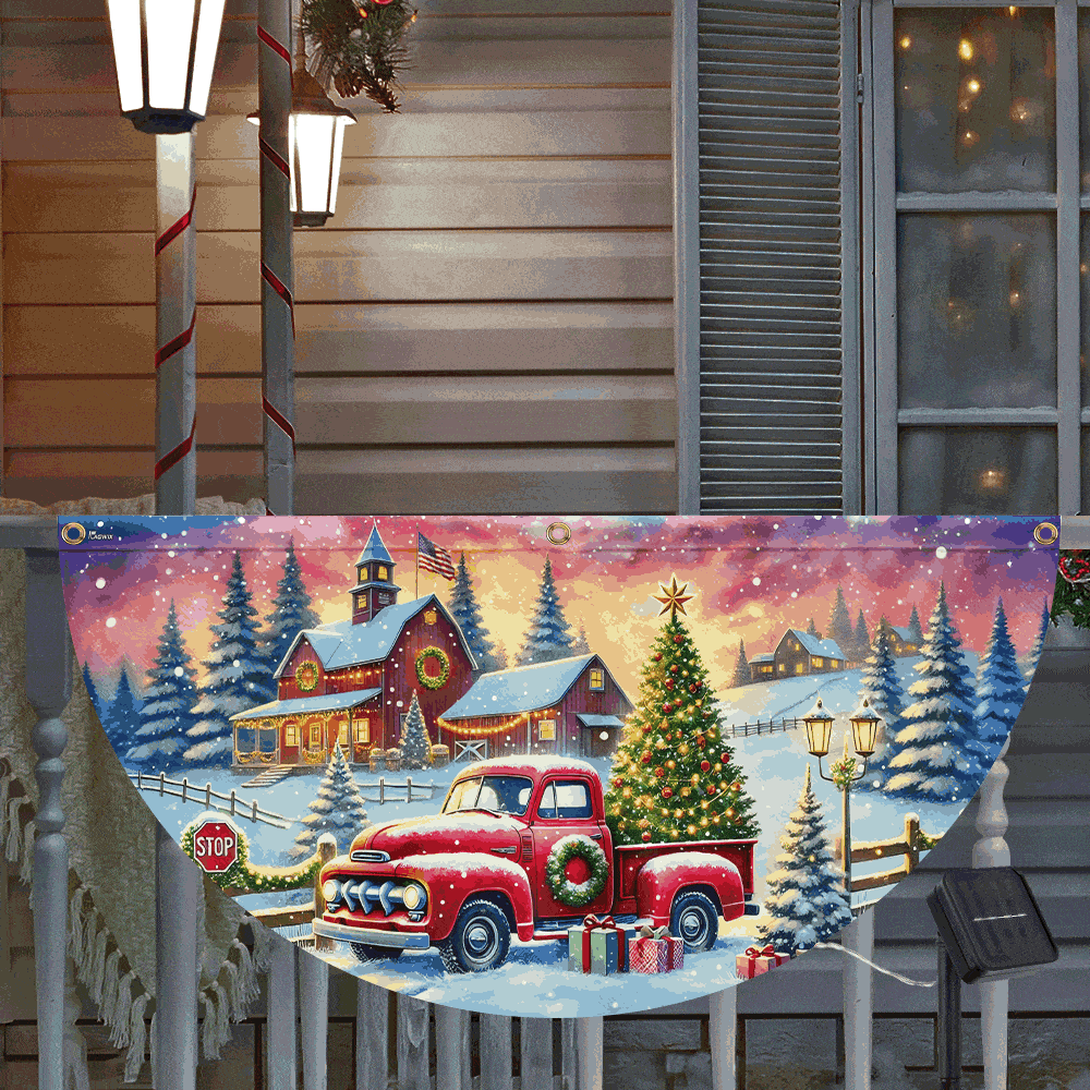 Red Truck Christmas Countryside  Winter Holidays Solar Led Fan Flag