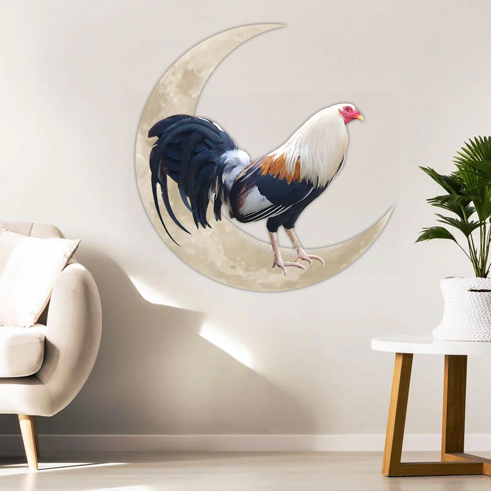 Rooster On The Moon Hanging Metal Sign, Farm Wall Art