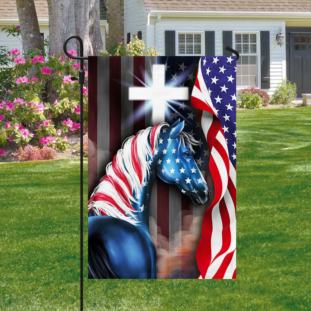 Bimipi American Flag, Patriotic Horse with Christian Cross American Flag, Farm Flag
