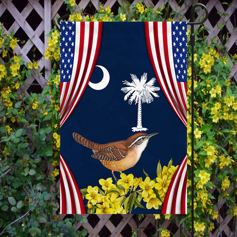 South Carolina Yellow Jessamine Flower and Carolina Wren Bird American Flag