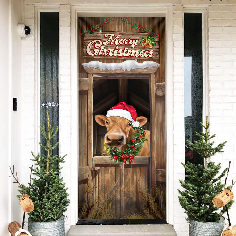 Funny Cow Cattle Merry Christmas Door Cover, Farm Decor