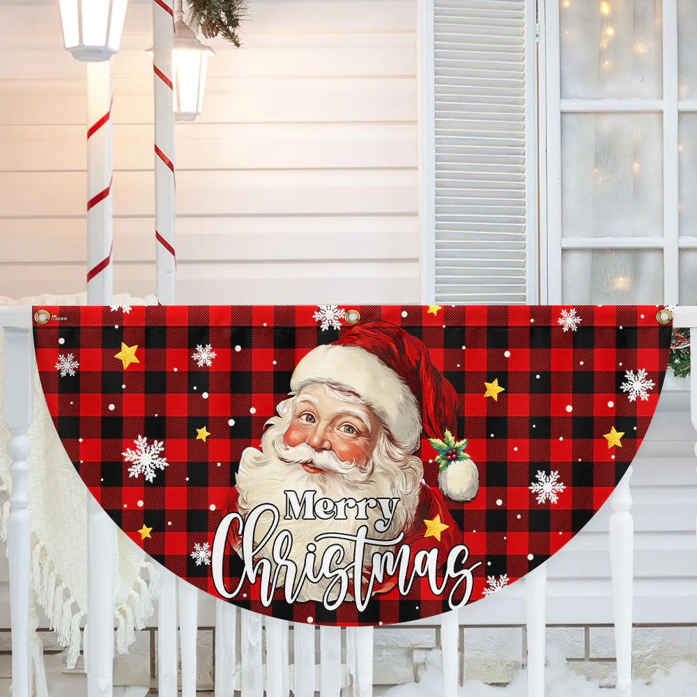 Santa Claus Merry Christmas Plaid Non-Pleated Fan Flag