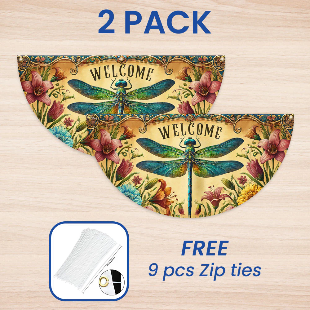Summer Dragonfly Welcome Non-Pleated Fan Flag for Outdoor Home Decor