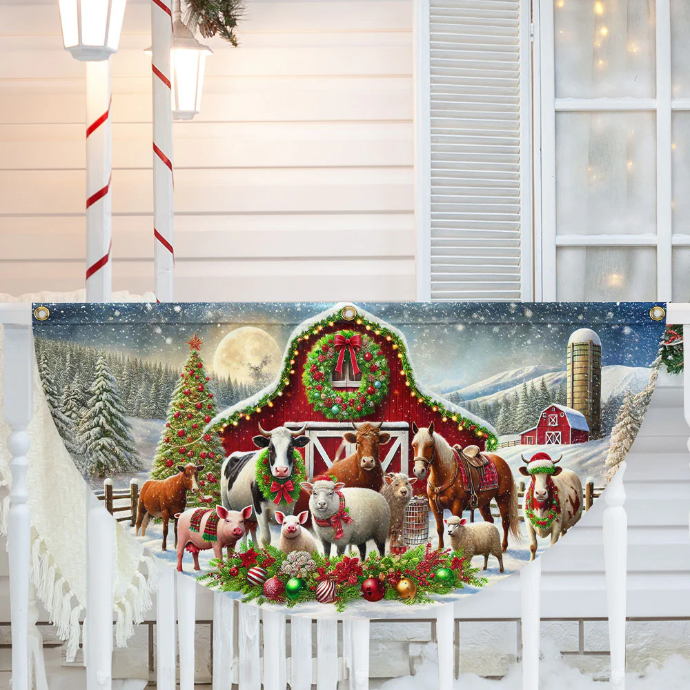 Farm Animals Christmas Red Barn Non-Pleated Fan Flag