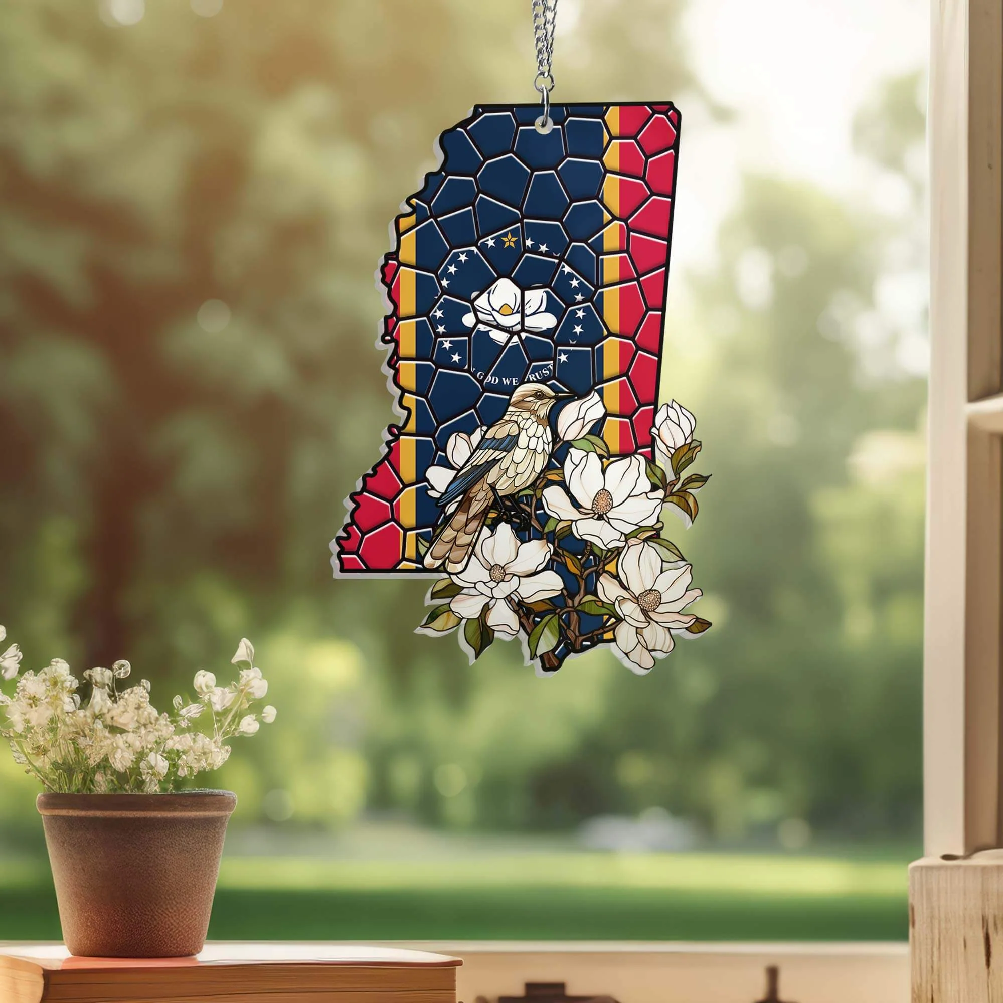Mississippi State Mockingbird and Magnolia Flower Suncatcher Acrylic Hanging TPT1035ASv7n