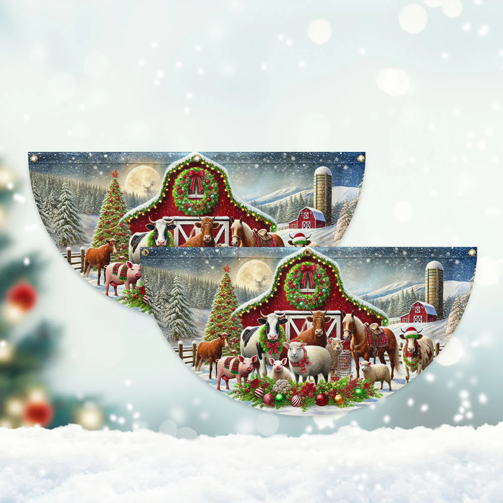 Farm Animals Christmas Red Barn Non-Pleated Fan Flag