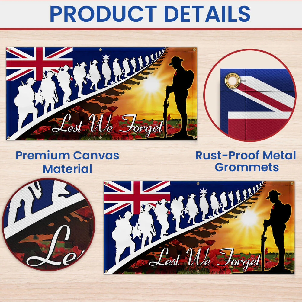 Lest We Forget Red Poppy Soldiers Veteran Australia Memorial Fence Banner
