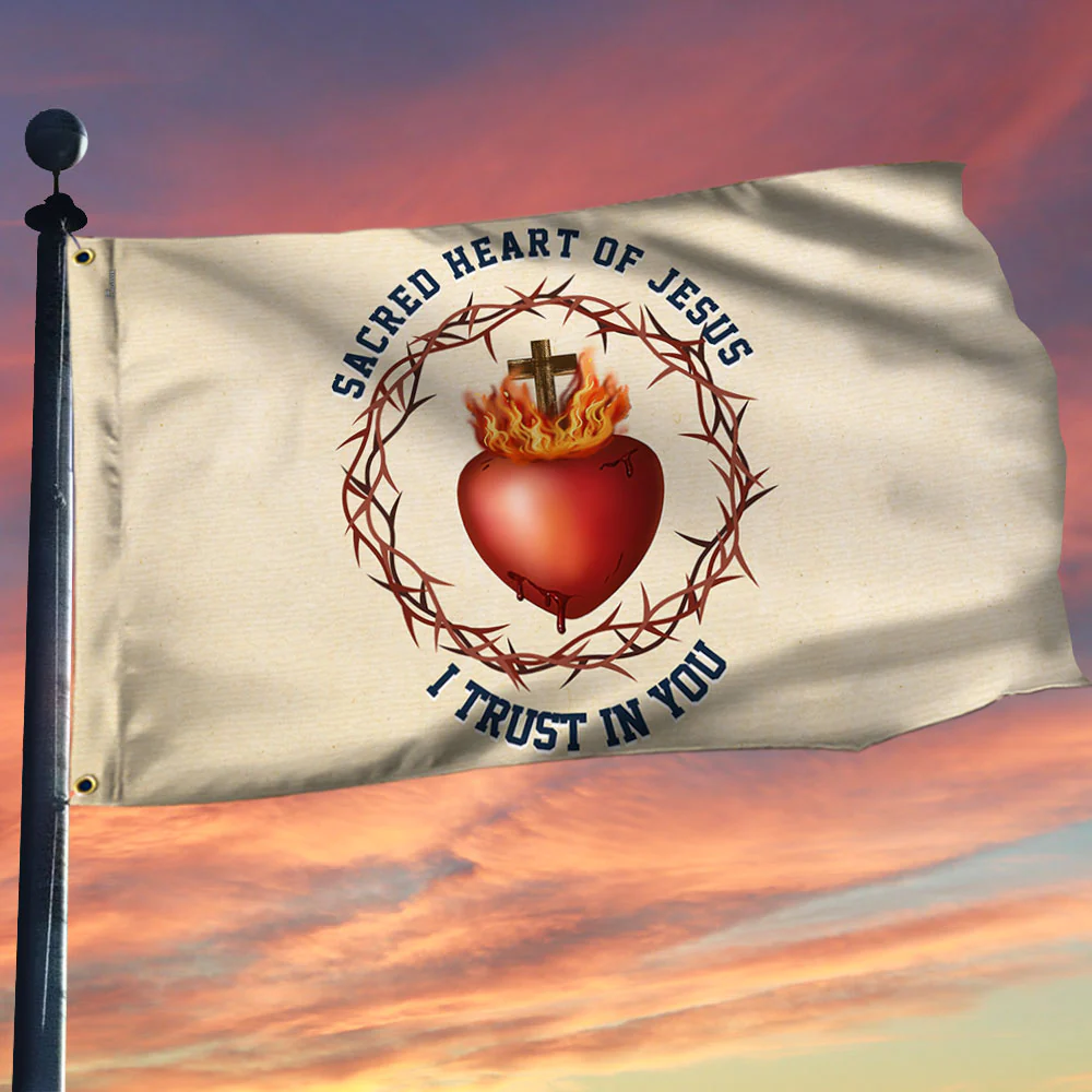 Bimipi American Flag - Sacred Heart Of Jesus I Trust In You Catholic Grommet Flag