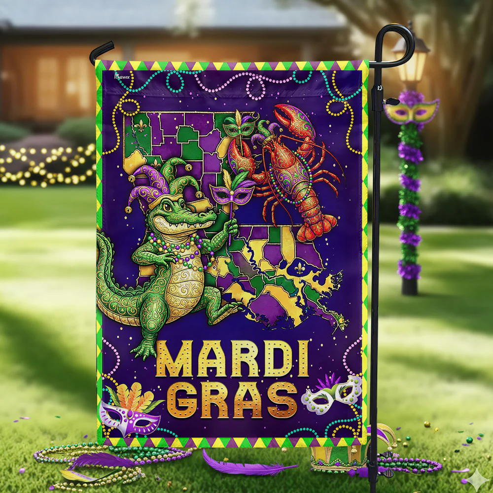 Louisiana Mardi Gras Flag, Alligator Crawfish NOLA Holiday Decor