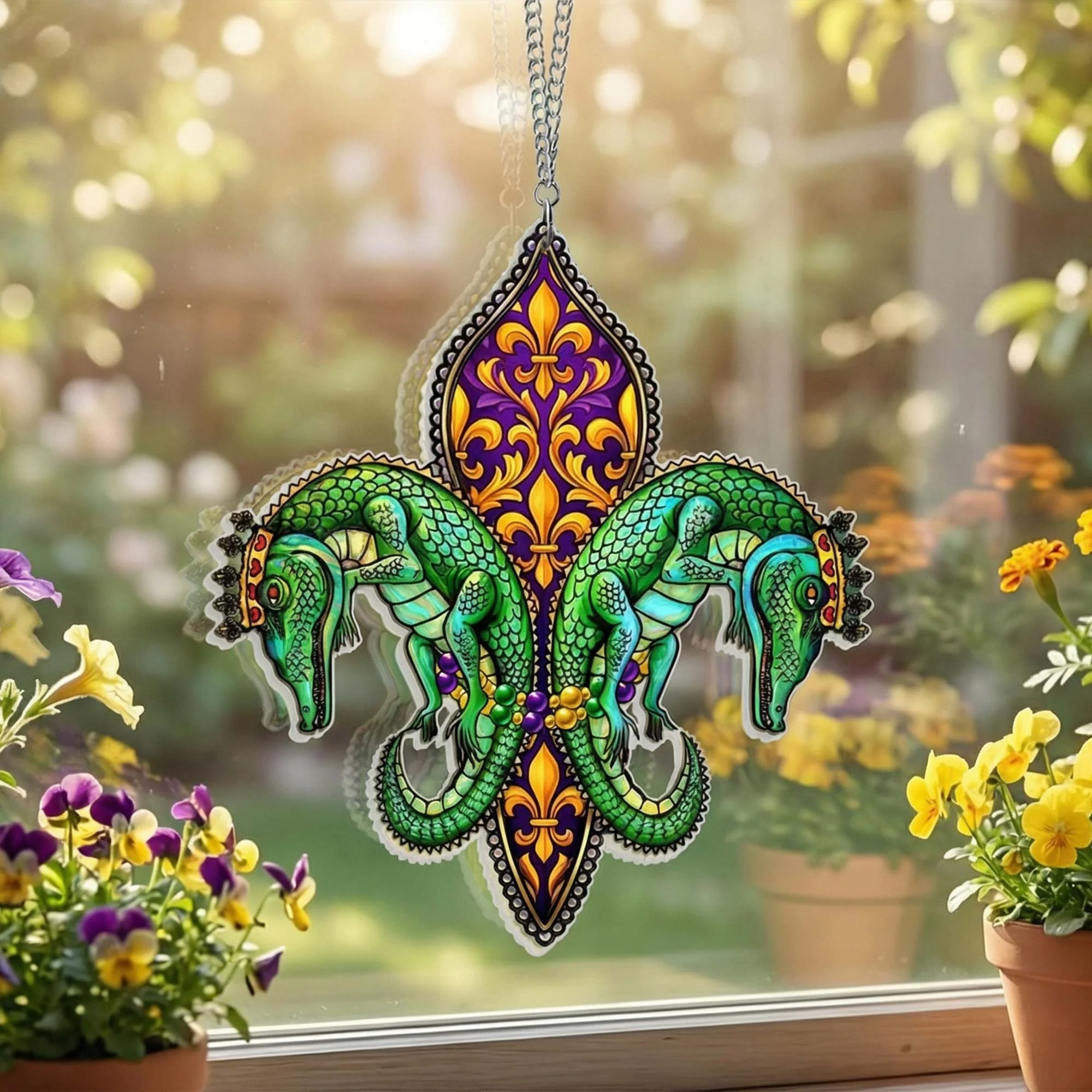 NOLA Mardi Gras Suncatcher, Louisiana Fleur de Lis Alligator Acrylic Decor