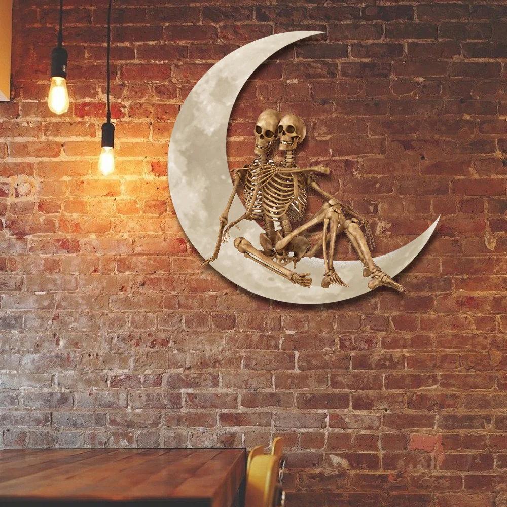 Halloween Skeleton Couple On The Moon Hanging Metal Sign Wall Sign QNK1005MSv19