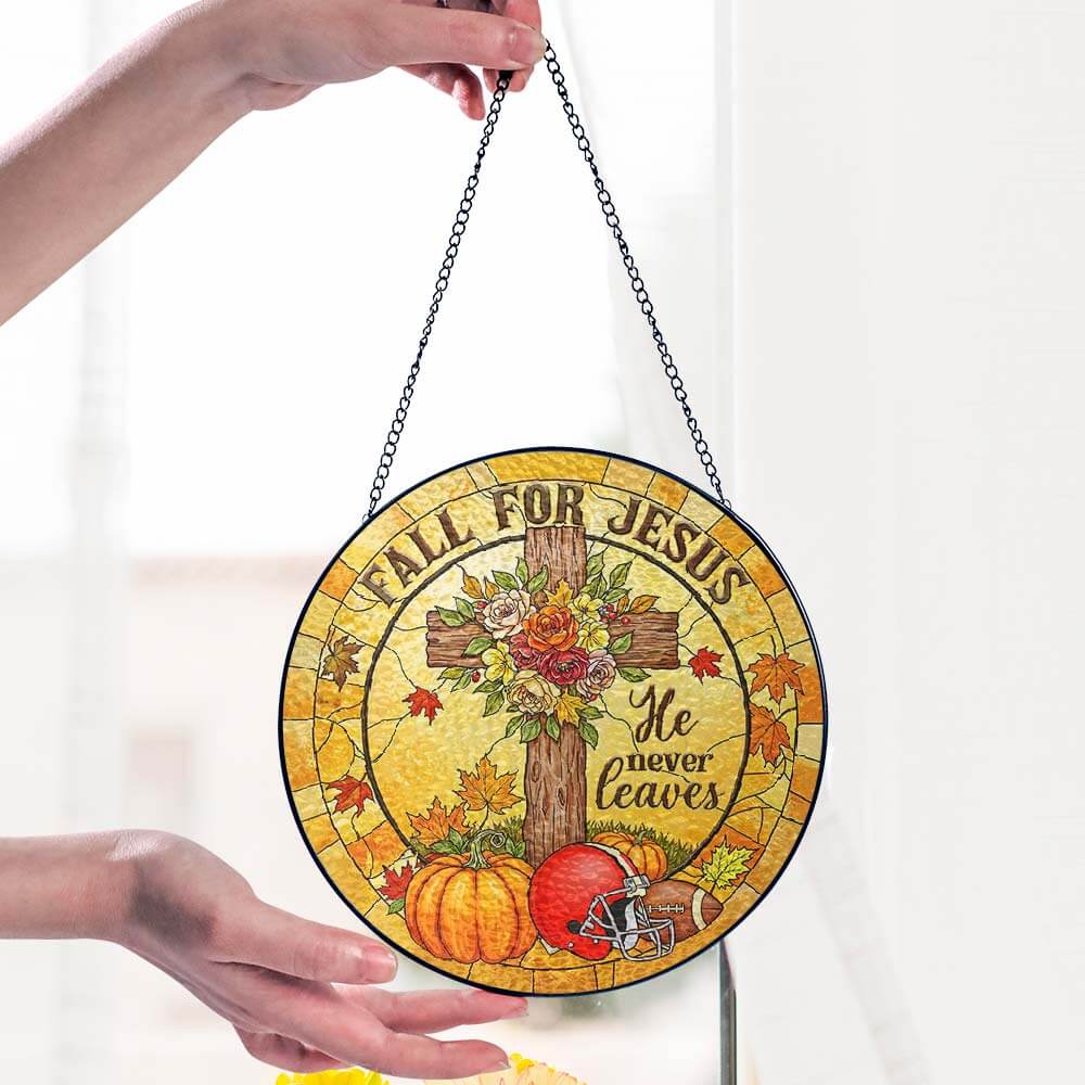 Fall Football Christian He Never Leaves Stained Glass Suncatcher