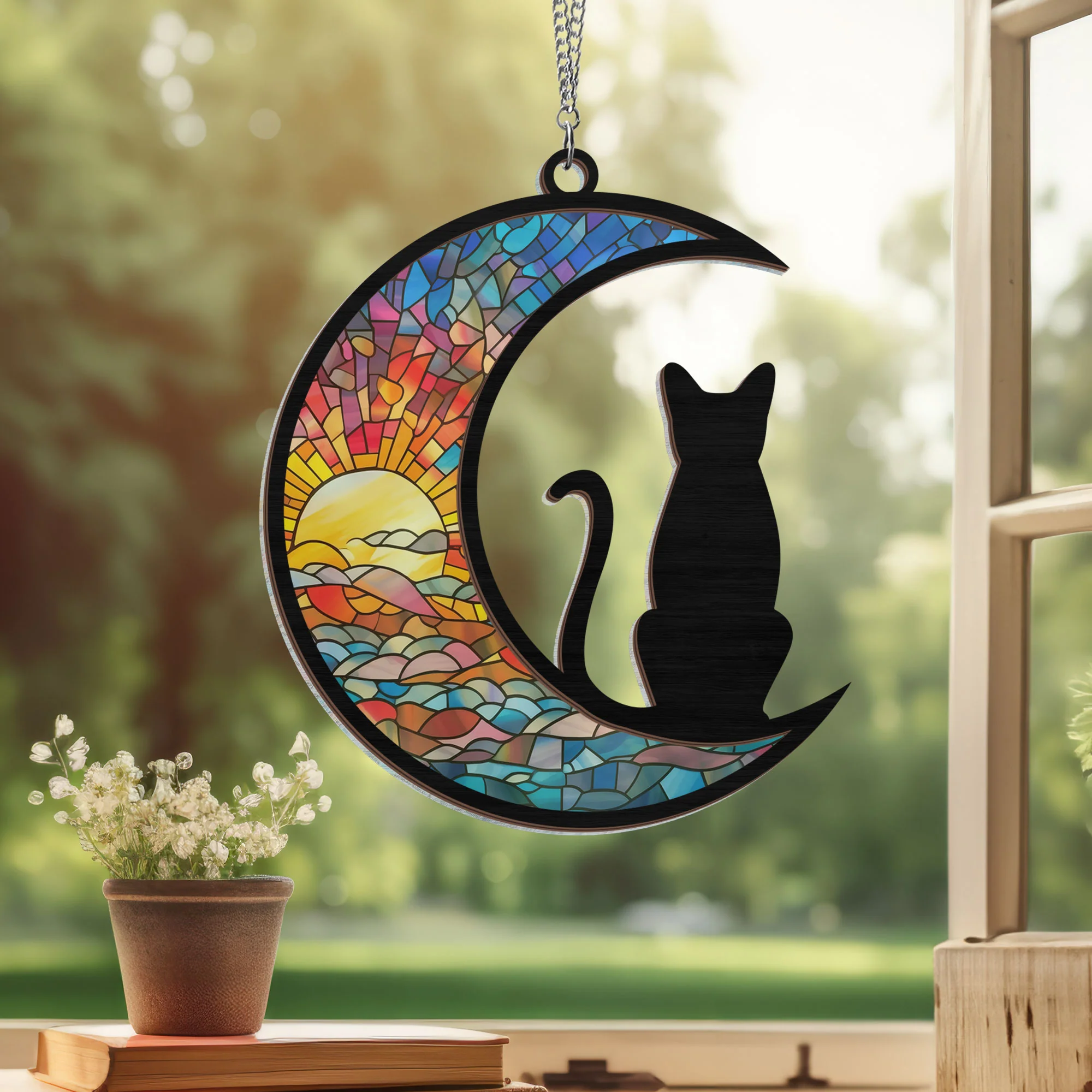 Black Cat On The Moon 2 Layered Hanging Suncatcher