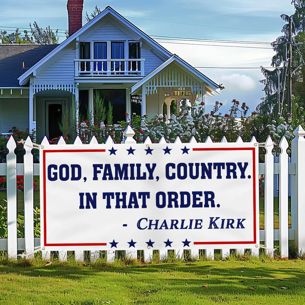 God Family Country Charlie Kirk Fence Banner Republican USA Freedom Patriot