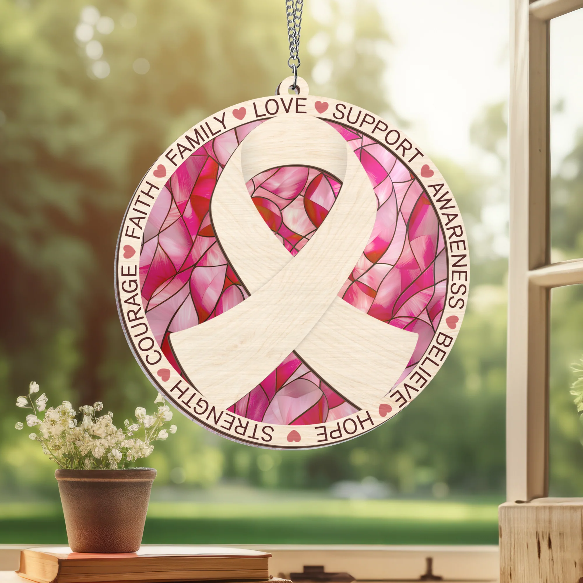 Breast Cancer Awareness  2 Layered Hanging Suncatcher