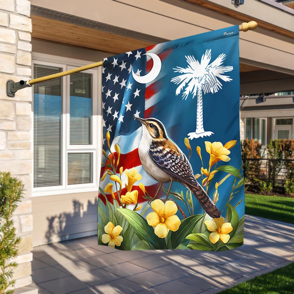 South Carolina Flag Yellow Jessamine Flower and Carolina Wren Bird Flag