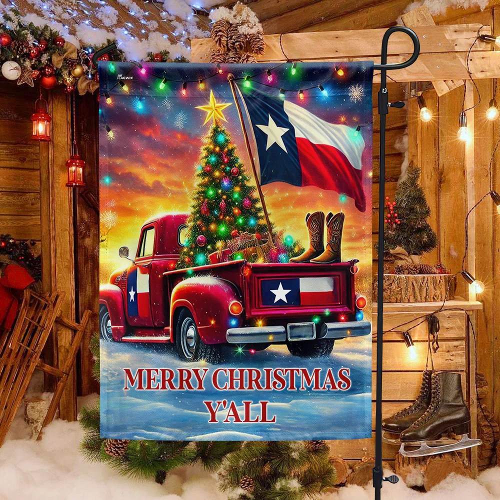 Texas Red Truck Merry Christmas Y'all Flag