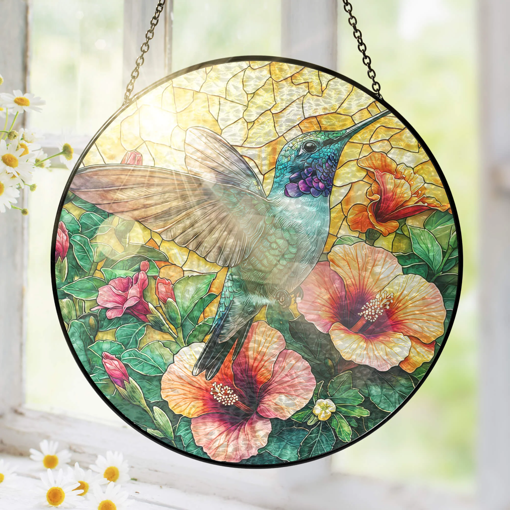 Bimipi Hummingbird Stained Glass Suncatcher – Colorful Flower Window Art, Handmade Durable Glass Ornament, Perfect Gift for Nature Lovers 3-Day Shipping