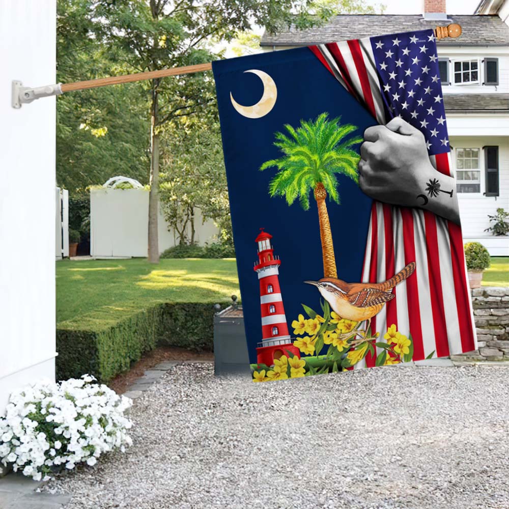 South Carolina American Flag Palmetto Tree and Moon. Carolina Wren Bird and Yellow Jessamine Flower