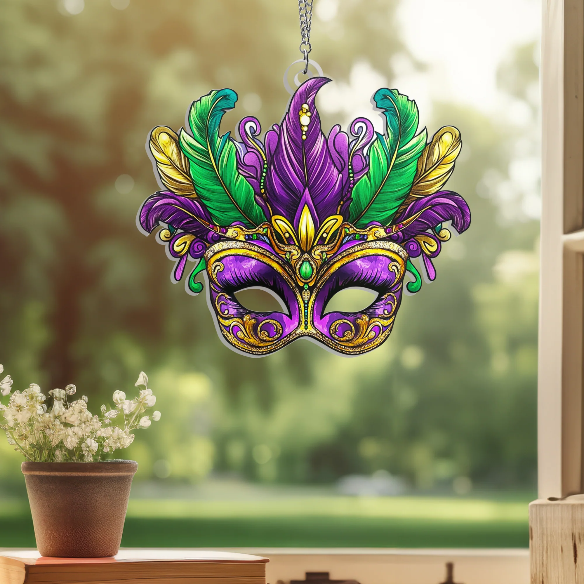 Happy Mardi Gras Mask Suncatcher Acrylic Hanging Sign