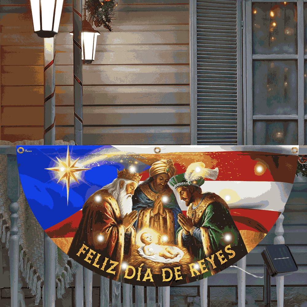Feliz Día De Reyes Flag | Nativity Puerto Rico Solar Led Fan Flag