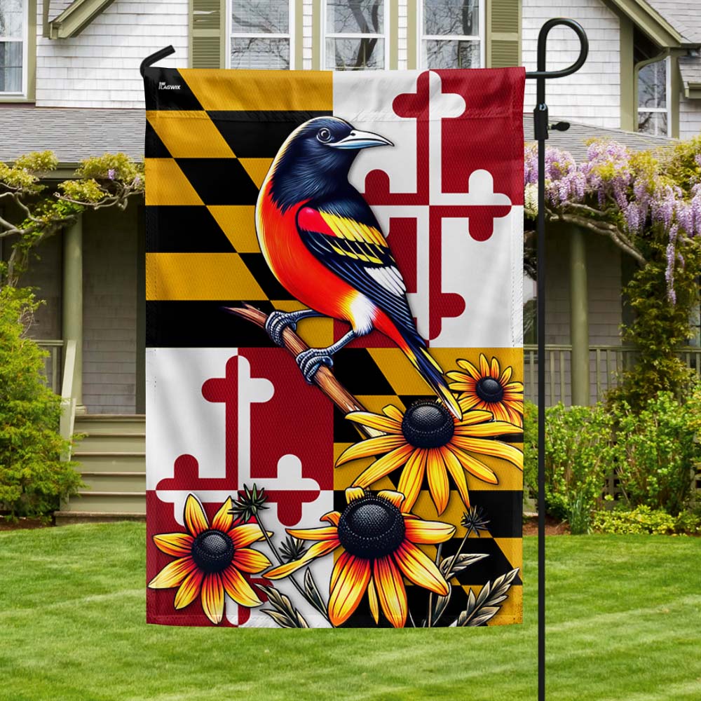 Bimipi  Maryland Baltimore Oriole Bird and Black-eyed Susan Flowers Flag