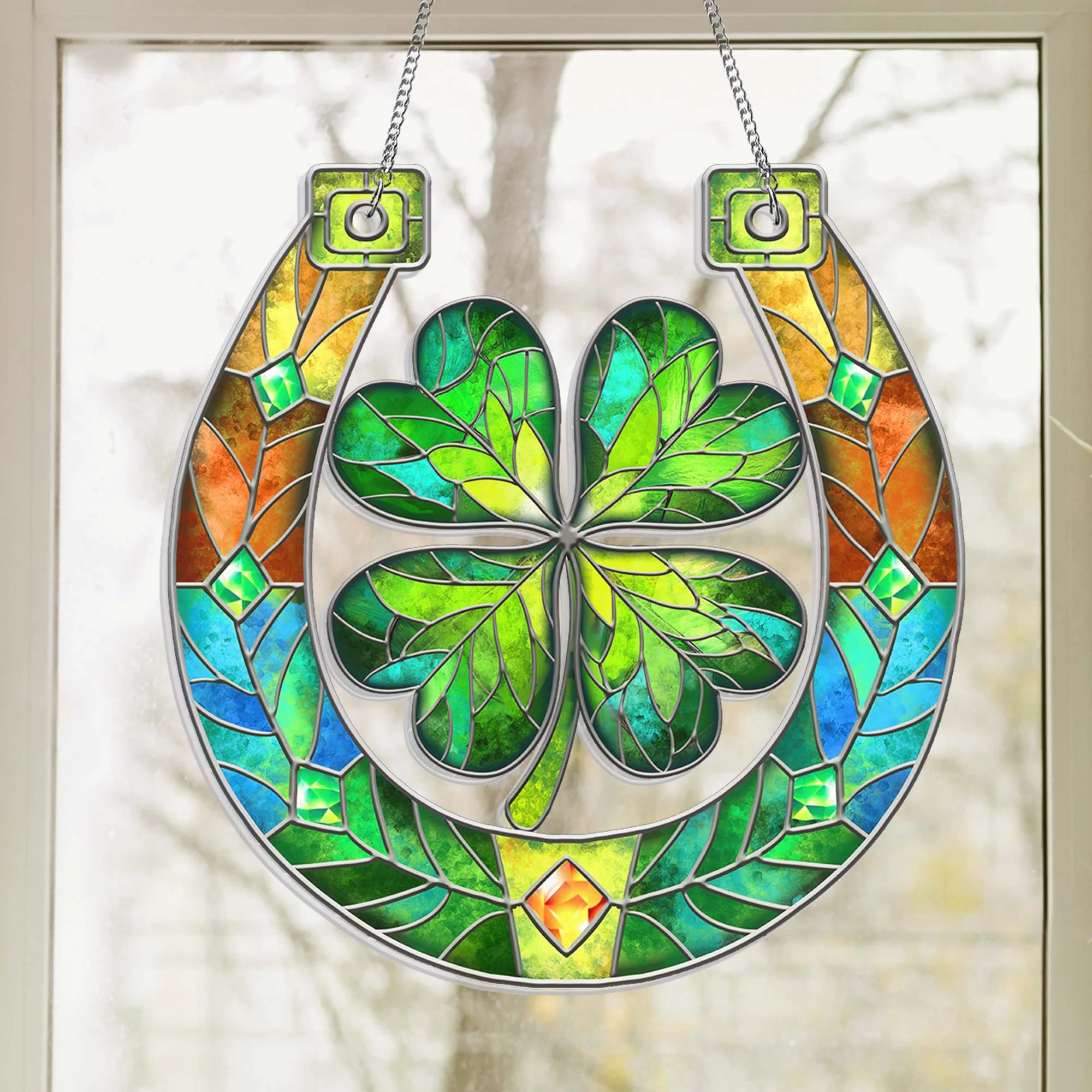 Horseshoe Lucky Clover St. Patrick's Day Suncatcher Hanging Sign