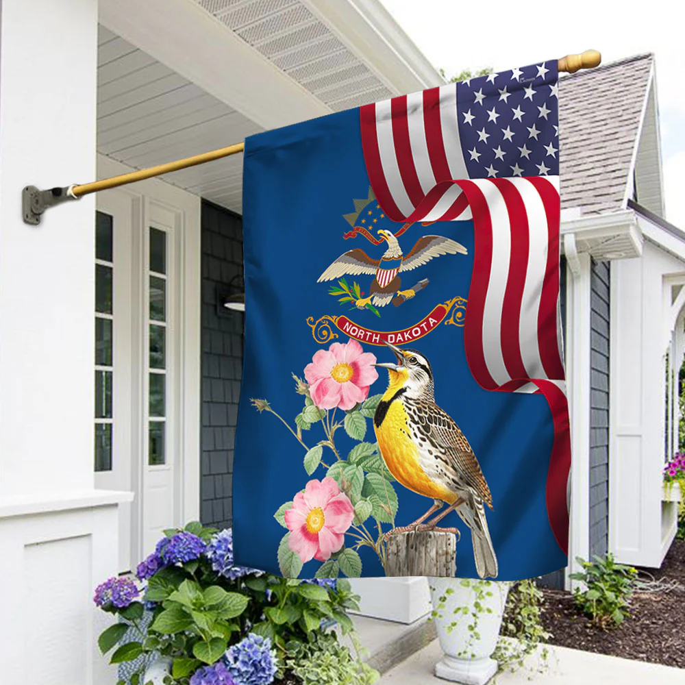 North Dakota Meadowlark Bird and Prairie Rose Flower Flag MLN1141Fv9