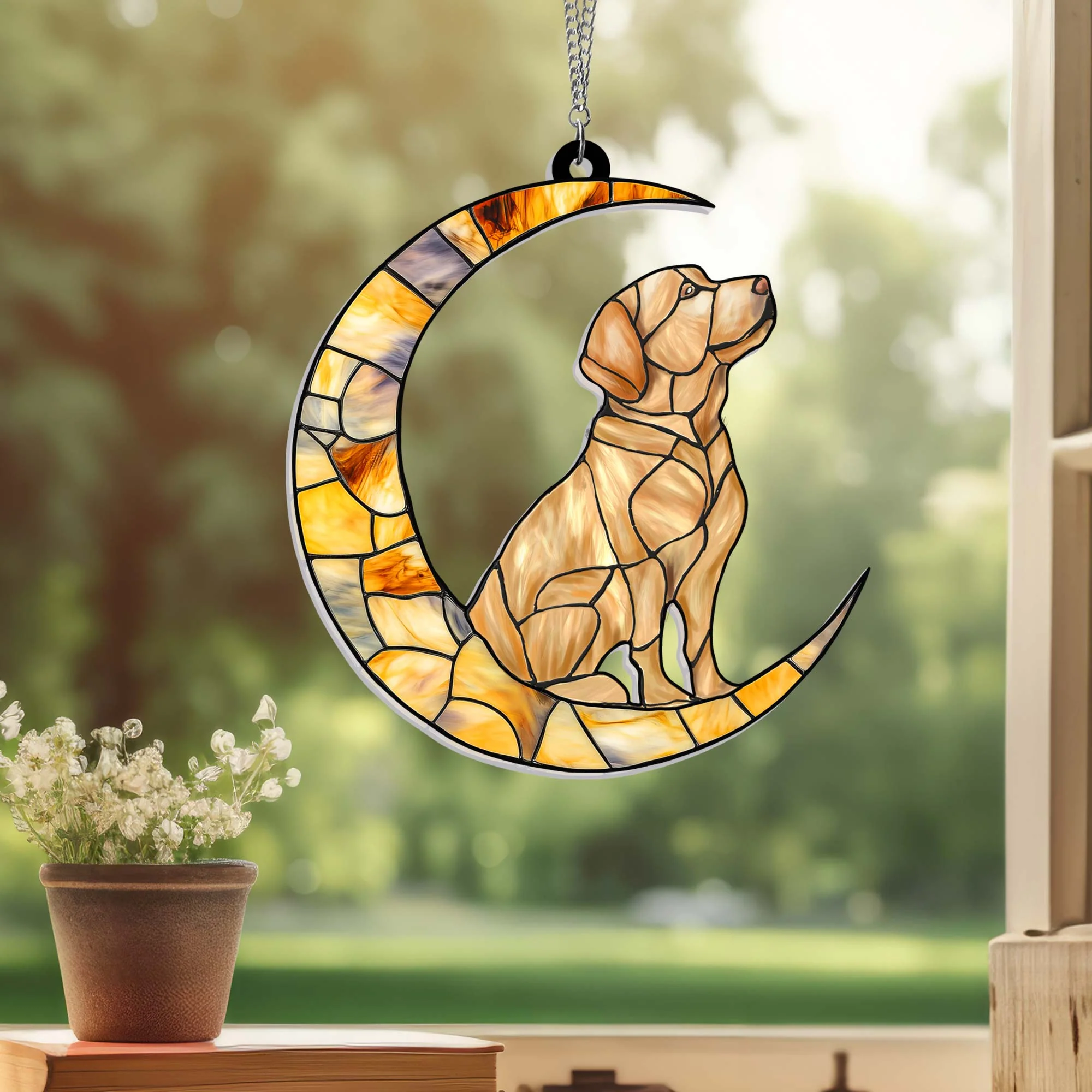 Yellow Labrador Dog On The Moon Acrylic Suncatcher Window Hanging