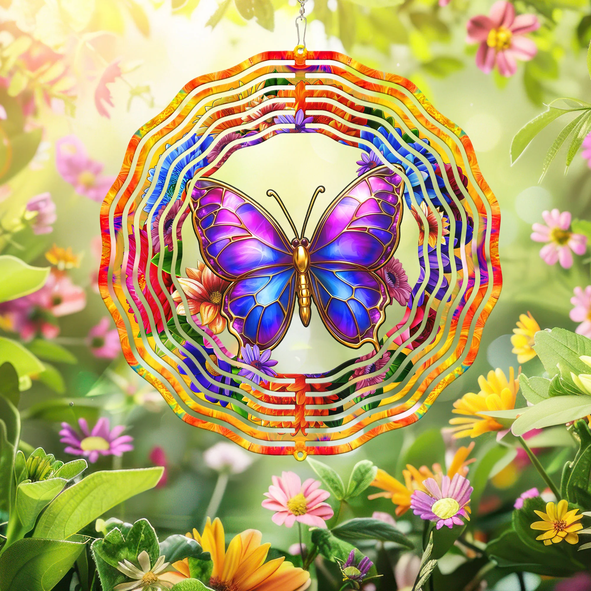 Purple Butterfly Floral Flowers Wind Spinner