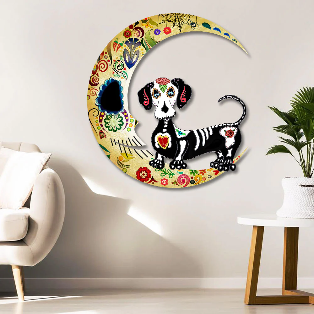 Dachshund Dog On The Moon Sugar Skull Hanging Metal Sign QNN678MSv4