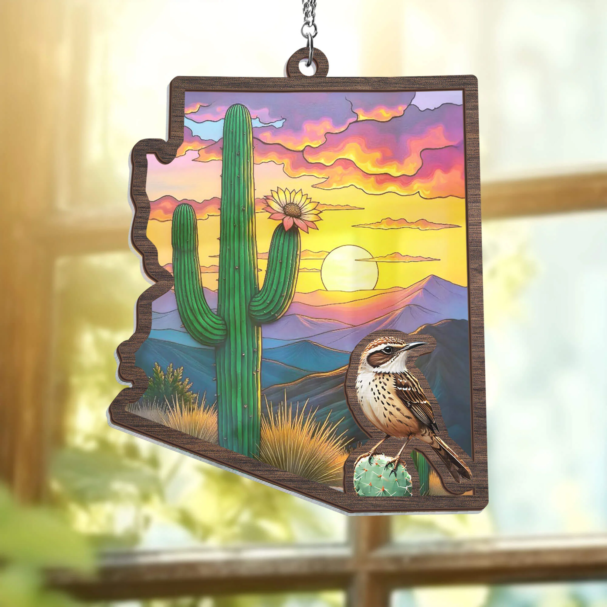 Christmas Ornament, Arizona Cactus Wren and Saguaro Cactus Blossom 2 Layered Hanging Suncatcher