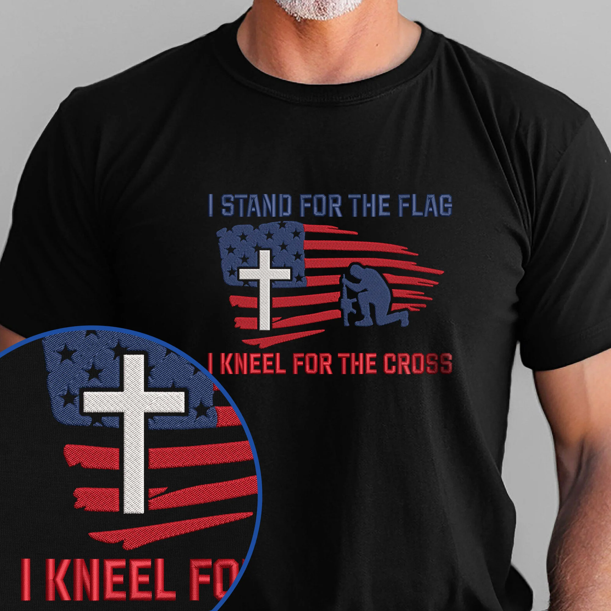 Stand For The Flag, Kneel For The Cross Veteran Embroidered T-shirt