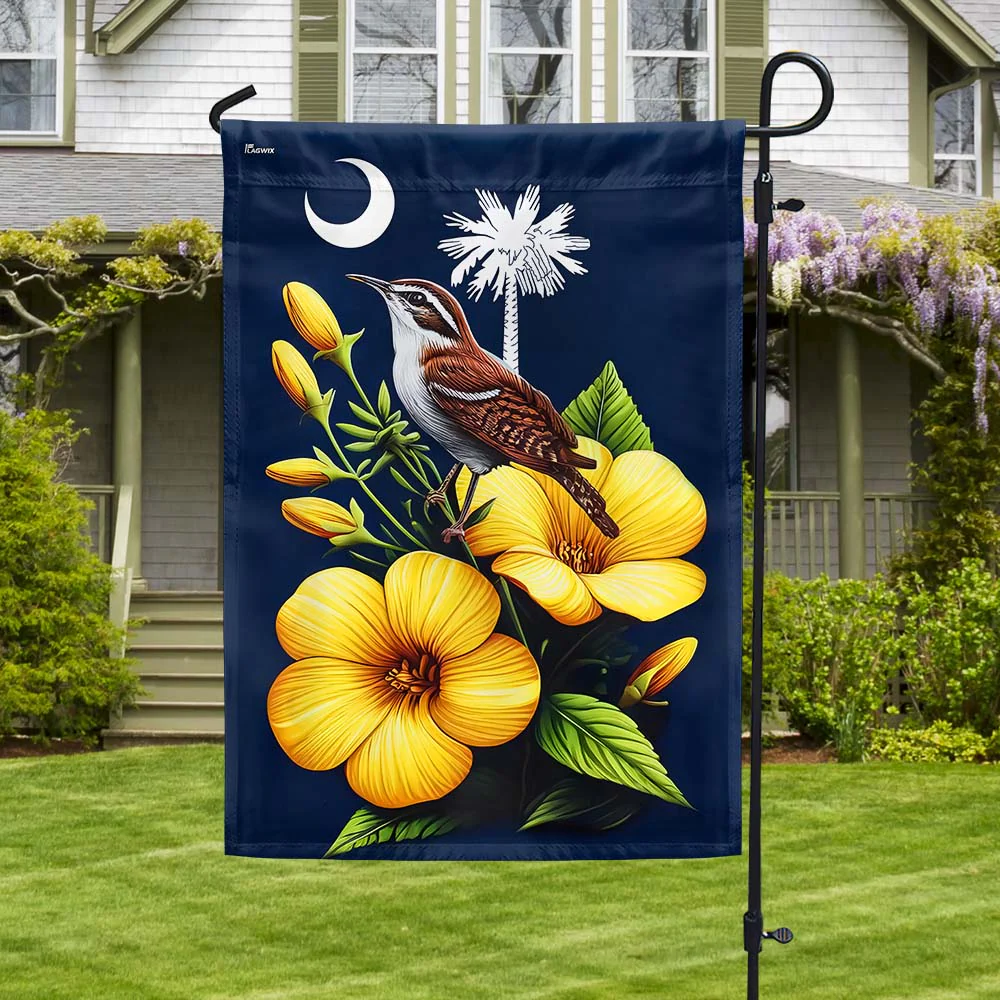 South Carolina Flag Carolina Wren Bird and Yellow Jessamine Flower Flag